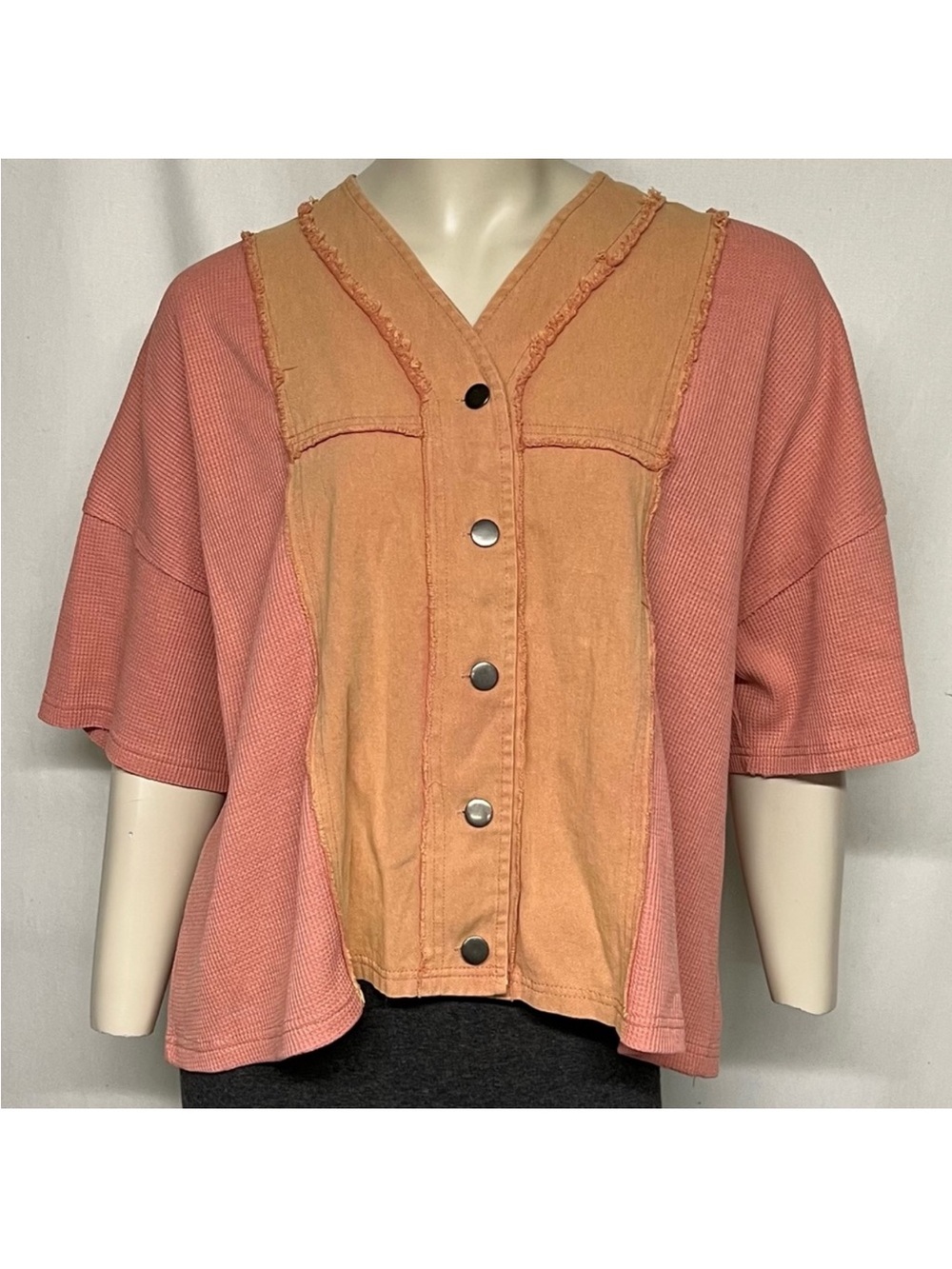 POL Two-Tone Peach and Coral Button-Down Top
